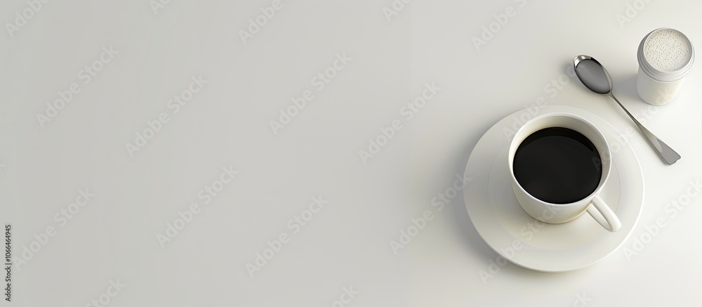 A simple scene with black coffee a spoon and milk in a small glass on a white background as a copy space image A simple scene with black coffee a spoon and milk in a small glass on a white background as a copy space image