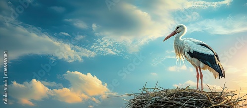 A stork perched in a nest constructing it set against a striking blue sky with an area for text placement captured in a high quality image. with copyspace image