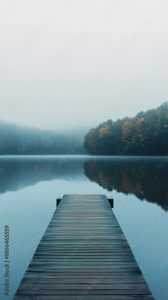 Serene Lake with Fog and Wooden Dock - Tranquil Nature Photography Serene Lake with Fog and Wooden Dock - Tranquil Nature Photography