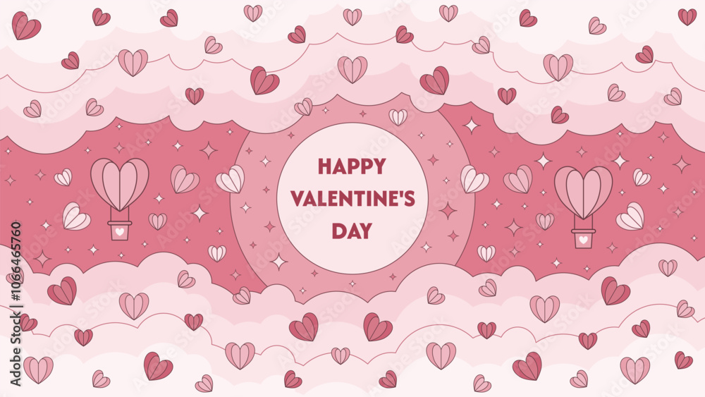Valentine's Day background design with hearts, clouds, and balloons. Vector illustration. Valentine's Day background design with hearts, clouds, and balloons. Vector illustration.
