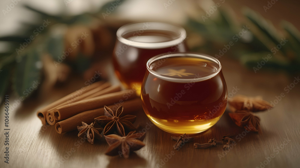 Fototapeta premium Spiced Herbal Tea with Cinnamon and Star Anise in Glass Cups