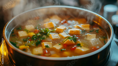 Steaming Hot Vegetable and Tofu Soup with Fresh Herbs