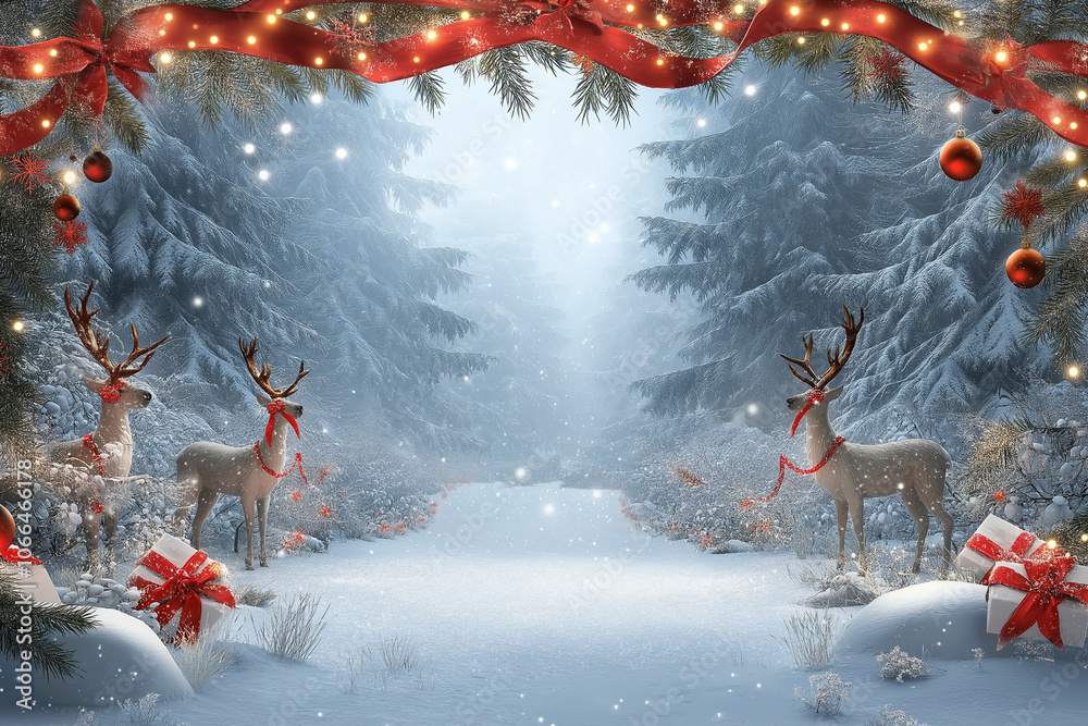 Winter Wonderland Portal: A Magical Christmas Frame Looking into a Snowy Forest Scene with Graceful Deer, Pine Trees, Red Bows, Holly, and Pine Cones Creating a Window to an Enchanted Winter World Winter Wonderland Portal: A Magical Christmas Frame Looking into a Snowy Forest Scene with Graceful Deer, Pine Trees, Red Bows, Holly, and Pine Cones Creating a Window to an Enchanted Winter World