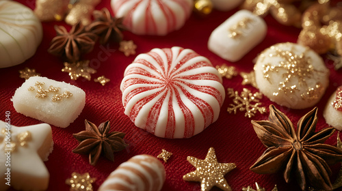 An assortment of holiday candies, including peppermint swirls and sugar confections adorned with golden glitter, arranged on a red background.