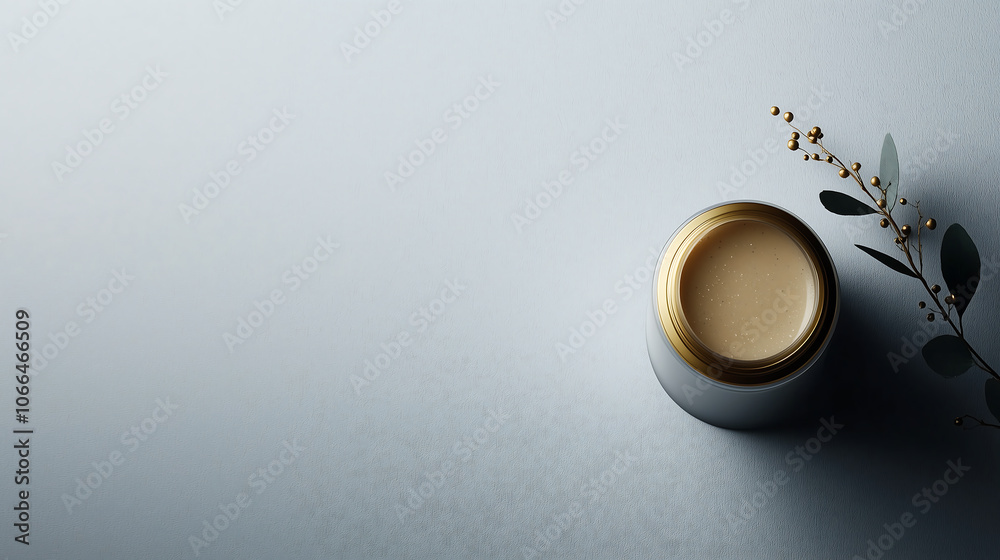 Fototapeta premium Explore the Aesthetic Charm of a Luxurious Cosmetic Jar Accented by Delicate Greenery