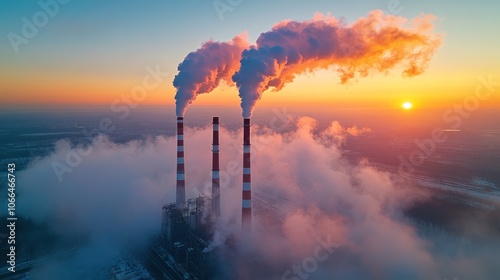 Power plant chimneys release smoke at sunset. photo