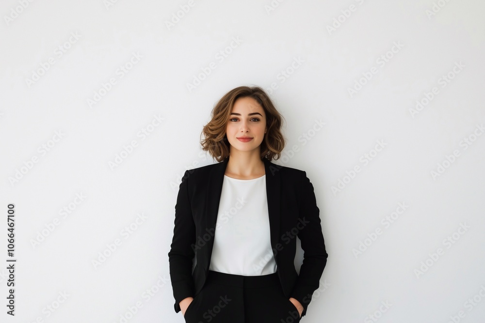 Happy confident young business woman standing isolated on white wall. Smiling professional businesswoman model wearing suit looking at camera with natural candid pose. Happy confident young business woman standing isolated on white wall. Smiling professional businesswoman model wearing suit looking at camera with natural candid pose.