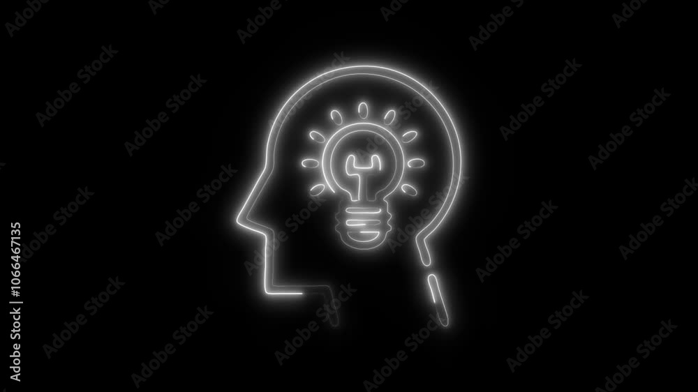 Glowing All Brain Icon and Symbol in HD Video Neon Animation on Black Background
