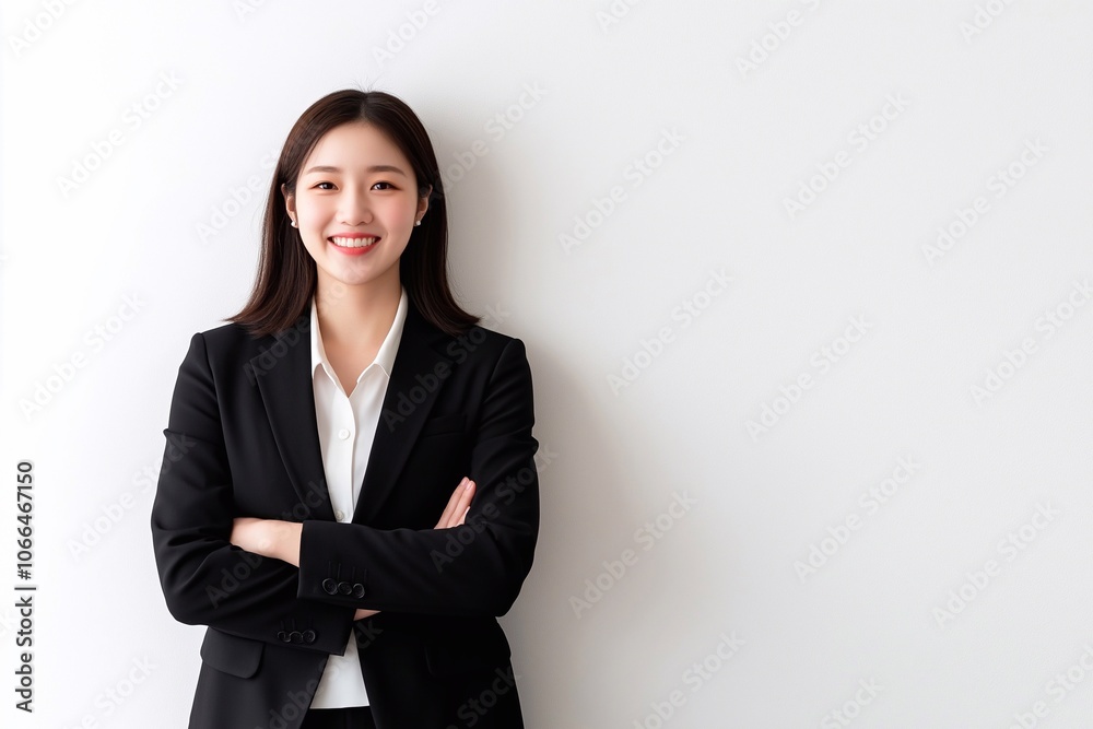 Happy confident young Korean business woman standing isolated on white wall. Smiling professional businesswoman model wearing suit looking at camera with natural candid pose.