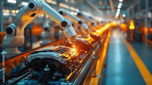 Row of White Robotic Arms at Automated Production Line at Bright Modern Factory. Industrial Robot Arms Assemble Lithium-Ion EV Battery Pack