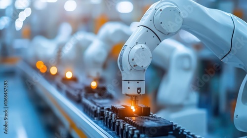 Row of White Robotic Arms at Automated Production Line at Bright Modern Factory. Industrial Robot Arms Assemble Lithium-Ion EV Battery Pack