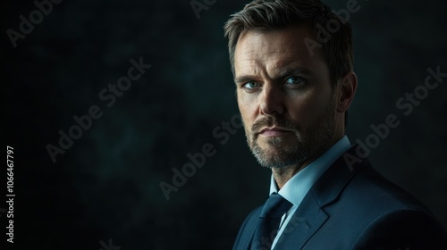 A confident male studio portrait in a suit, with a serious expression against a dark background