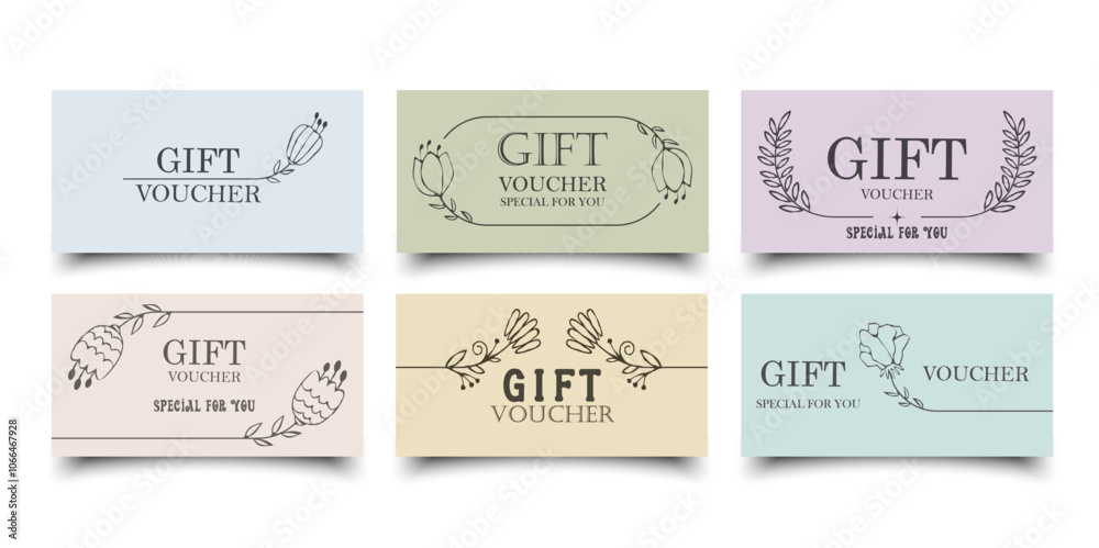 Obraz premium Elegant stylish gift voucher with hand draw linear flowers