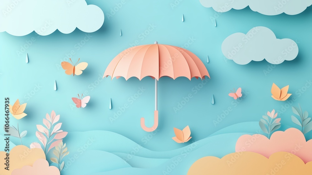 Obraz premium Colorful paper cut umbrella surrounded by butterflies and flowers against a blue sky backdrop in a whimsical nature scene