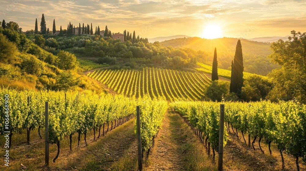 Fototapeta premium Vineyard Rows Basking in Golden Sunset Light
