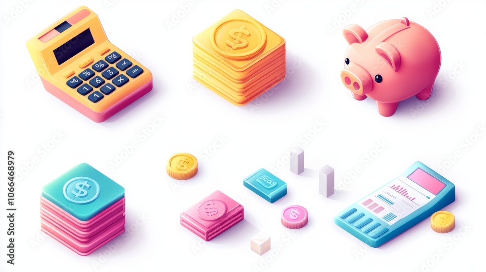 Isometric Business and Finance Icons Set with Piggy Bank, Calculator, and Graphs Isometric Business and Finance Icons Set with Piggy Bank, Calculator, and Graphs
