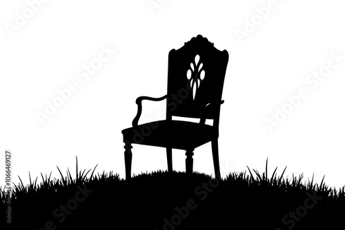 Elegant Antique Chair Silhouette in Open Field with Grass Blades, Black and White Minimalist Illustration.