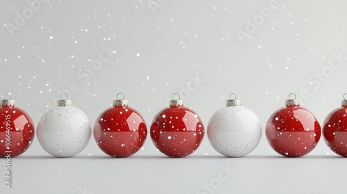 A white background with a bunch of red and white Christmas ornaments. The red ornaments are arranged in a row and the white ones are scattered around them. Merry christmas and happy new year card