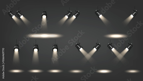 Professional stage spotlights with various beam configurations. Realistic 3d vector focused illumination patterns. Different mounting angles setup for performances and concerts lighting effects.