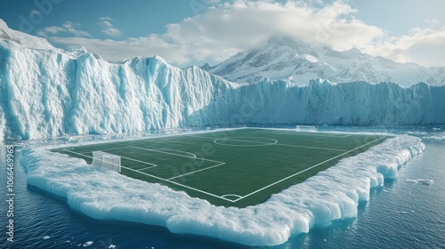 Soccer field at the middle of icebergs in glaciers, minimalist design, big iceberg on background