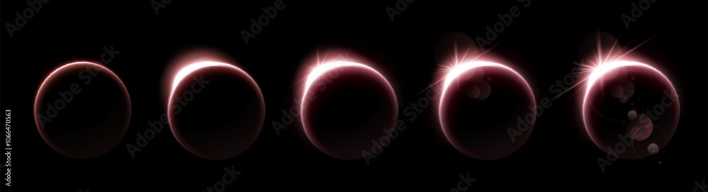 Solar or lunar eclipse phase sprite sheet on black background. Vector realistic illustration of neon light circle with flare effect, sun edge shining bright behind planet globe in space, night sky Solar or lunar eclipse phase sprite sheet on black background. Vector realistic illustration of neon light circle with flare effect, sun edge shining bright behind planet globe in space, night sky