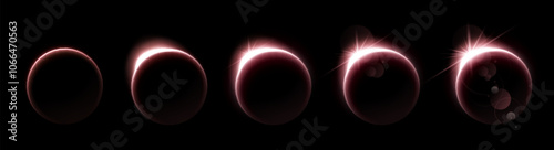 Solar or lunar eclipse phase sprite sheet on black background. Vector realistic illustration of neon light circle with flare effect, sun edge shining bright behind planet globe in space, night sky