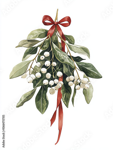 cozy watercolor style mistletoe bunch with green leaves and white berries, adorned with red ribbon, perfect for holiday decor