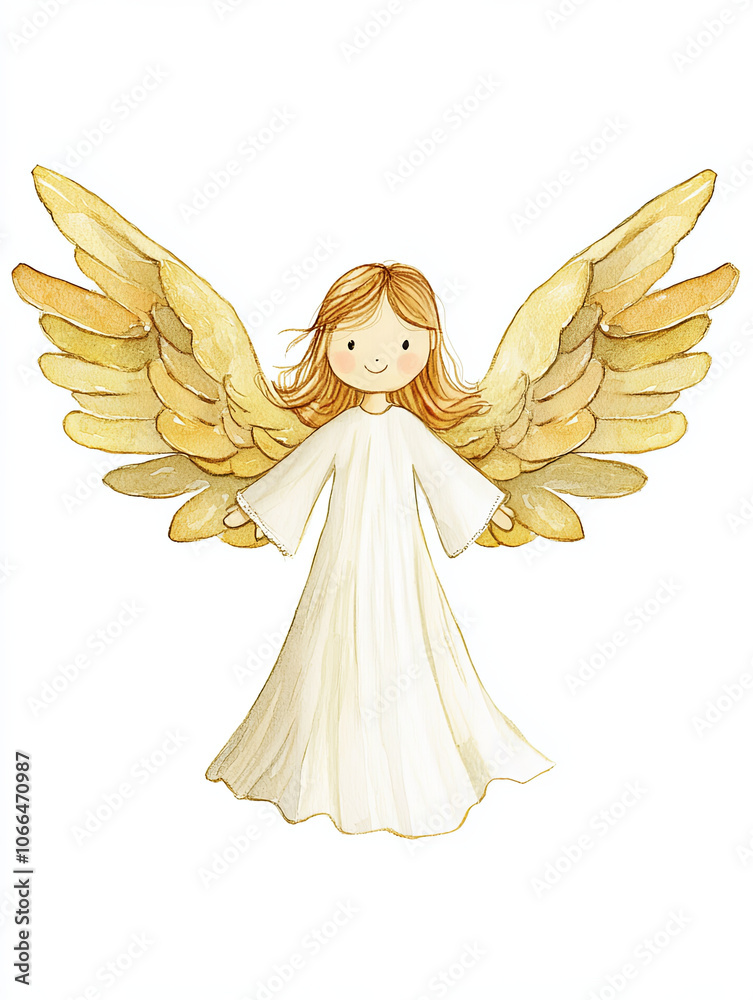 Fototapeta premium cheerful angel illustration with golden wings and white dress, radiating warmth and joy. Perfect for holiday themes and decorations