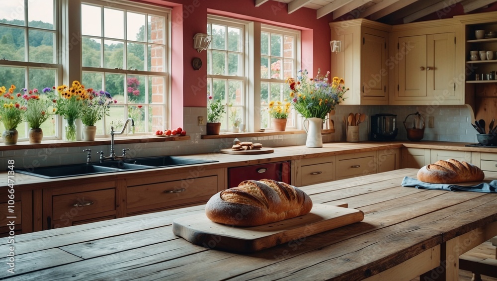 A farmhouse kitchen with a large wooden table fresh-baked bread cooling on the counter and a vase of wildflowers on the windowsill A farmhouse kitchen with a large wooden table fresh-baked bread cooling on the counter and a vase of wildflowers on the windowsill