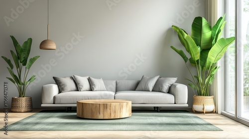 Modern living room interior with grey sofa, wooden coffee table, and green plants