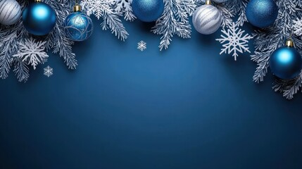 blue christmas background with snowflakes and christmas balls. Copy space backgrounds