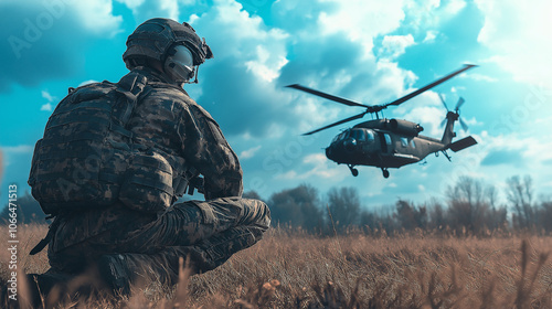 Military helicopter approaching behind the kneeling army soldier