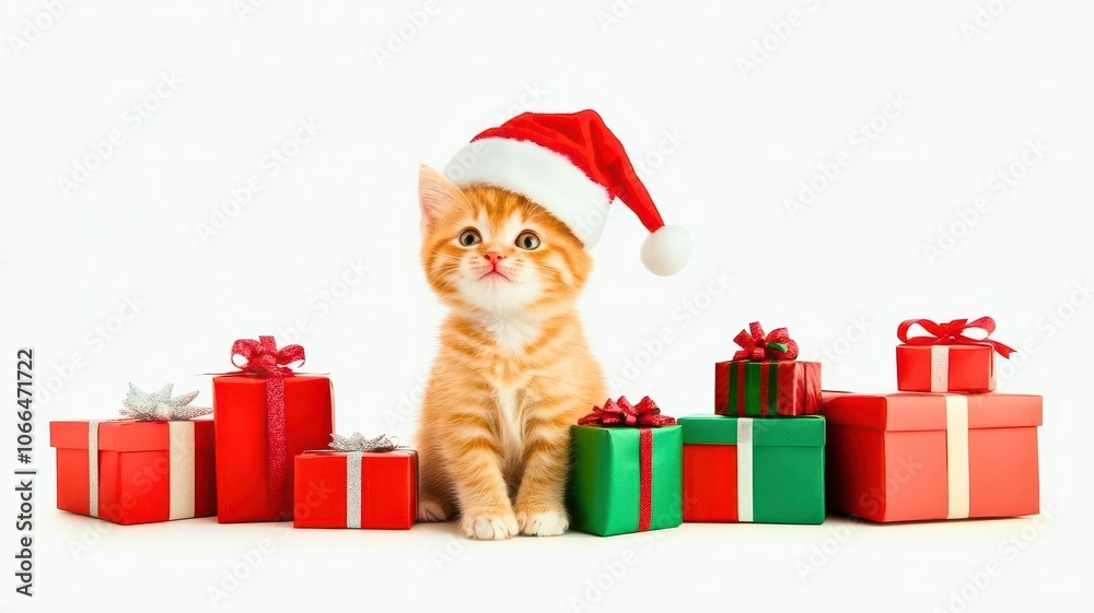 A festive orange cat in a Santa hat sits among colorful holiday presents, creating a cheerful and seasonal atmosphere. A festive orange cat in a Santa hat sits among colorful holiday presents, creating a cheerful and seasonal atmosphere.