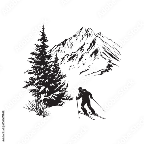 Skiing Sport Clipart Design - Skiing player Vector illustration in black and white