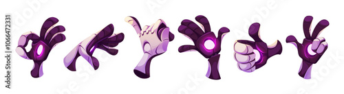 Robot hand and finger gesture. Virtual mechanical arm isolated set. Futuristic prosthesis thumb up, peace and ok position. Waving artificial intelligence device with pink glow. Cyber technology
