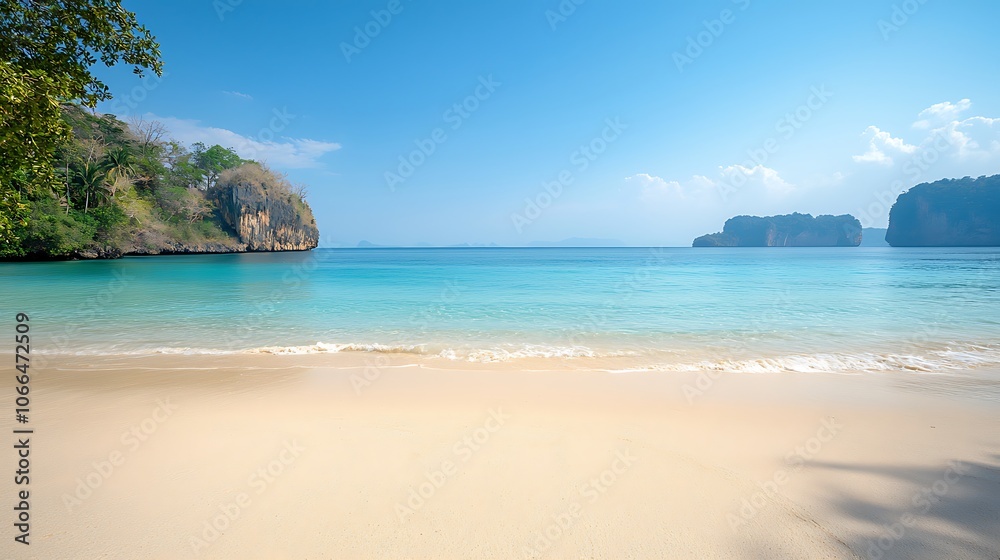 Explore the tranquil beauty of a pristine beach surrounded by lush nature and clear waters Explore the tranquil beauty of a pristine beach surrounded by lush nature and clear waters