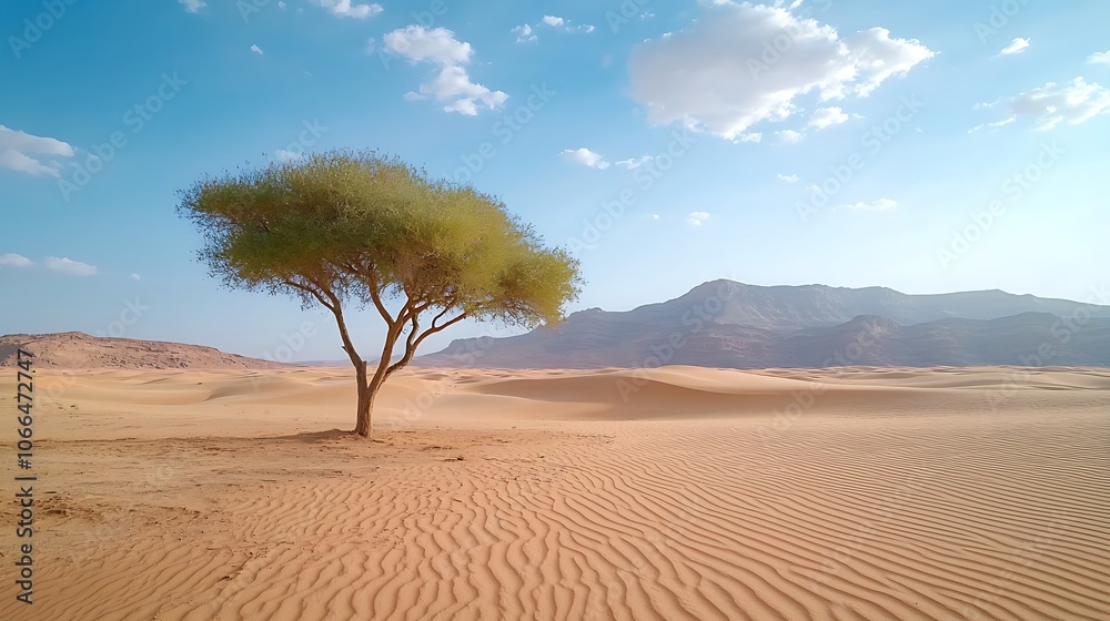 Solitary tree stands resilient amidst vast desert landscape under clear blue sky Solitary tree stands resilient amidst vast desert landscape under clear blue sky