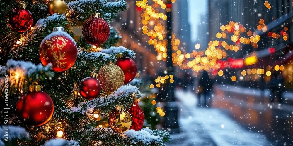 Fototapeta premium Snowy Christmas Scene with Ornaments and City Lights