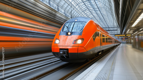 Orange high speed train in motion at modern railway station in Vienna. Fast intercity passenger train with motion blur effect. Railway platform. Railroad in Austria photo