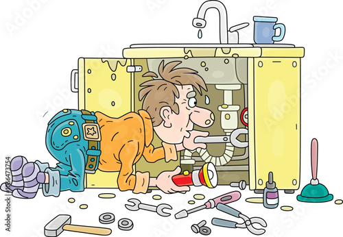 Funny plumber with instruments repairing, fixing a sink and connecting it to water and drainage pipes in a home kitchen, vector cartoon illustration on a white background