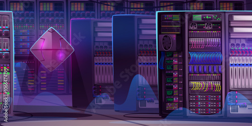 Futuristic data center server room interior with neon glowing equipment. Purple environment with geometric robot shape floating among racks with illuminated monitor displays, cooling system and cables