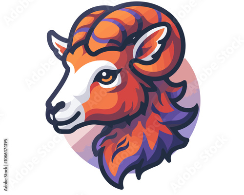 Cartoon ram with a white face and orange fur. The ram is smiling and has a bright orange eye