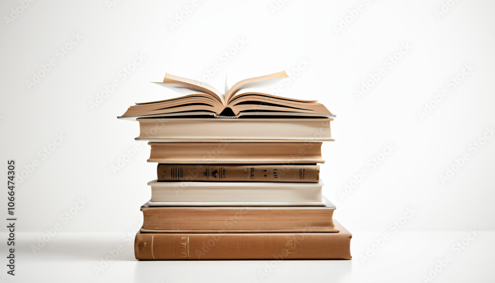 A stack of books sits atop a plain surface in a quiet, intimate atmosphere on a pure white background._00001_ A stack of books sits atop a plain surface in a quiet, intimate atmosphere on a pure white background._00001_