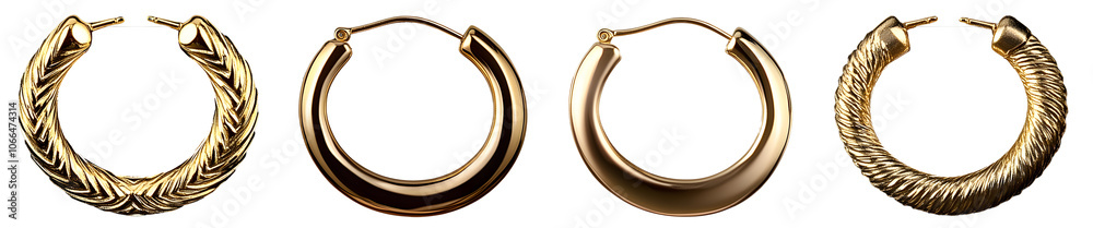Set of gold earrings. Hoop earrings, round gold earrings, elegant and modern earrings. Isolated on a transparent background. Set of gold earrings. Hoop earrings, round gold earrings, elegant and modern earrings. Isolated on a transparent background.