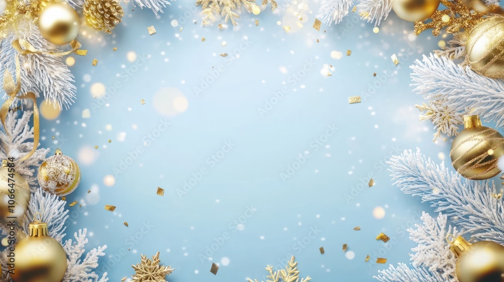 Fototapeta premium Christmas frame with golden decorations, baubles, garland, confetti on blue background. Christmas holiday celebration, winter, New Year concept. Christmas postcard template, New year banner design.