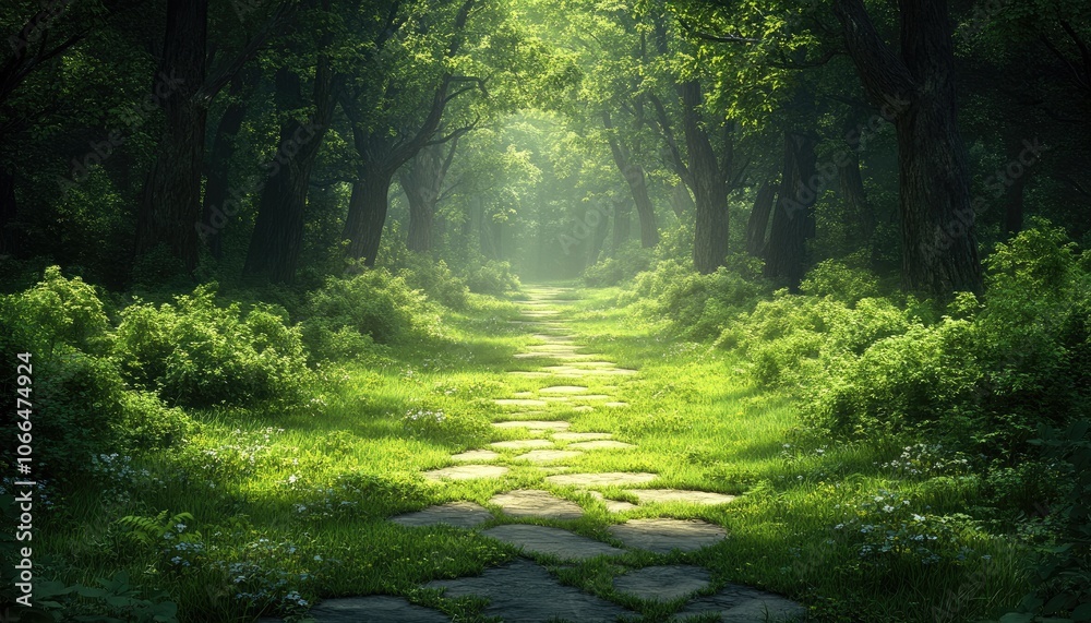 Fototapeta premium A stone path through a green forest. This photo can be used for nature, path, or travel concepts.