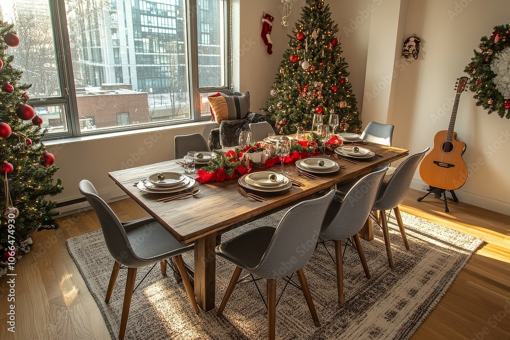 Christmas dinner set on dining table with garlands, ornaments, and festive decor. Guitar and Christmas tree complete the cozy apartment scene. Christmas dinner set on dining table with garlands, ornaments, and festive decor. Guitar and Christmas tree complete the cozy apartment scene.