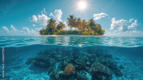 Fototapeta Naklejka Na Ścianę i Meble -  Tropical island with palm trees and clear water. A split-level view of a tropical island with palm trees, sunny blue skies and a vibrant coral reef underwater.