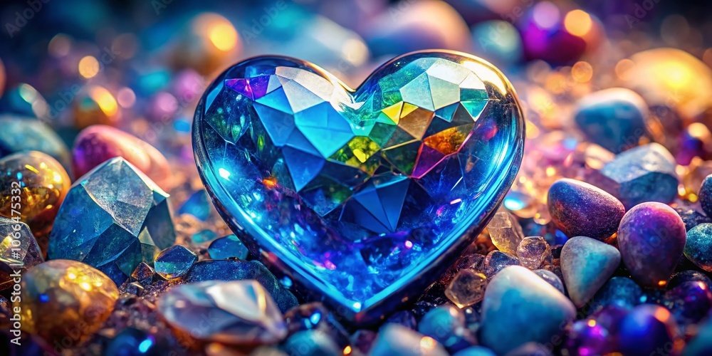 Abstract Blue Heart Gemstone Surrounded by Colorful Fragments - Macro Photography of Vibrant Artistry, Crystal Design, Heart Shapes, and Decorative Elements Abstract Blue Heart Gemstone Surrounded by Colorful Fragments - Macro Photography of Vibrant Artistry, Crystal Design, Heart Shapes, and Decorative Elements