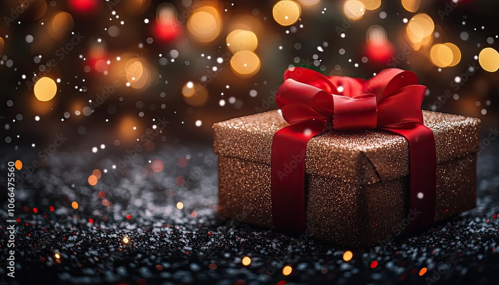 Gift box with a red bow, surrounded by glowing lights. Use for holiday, celebration, and gifting themes. Gift box with a red bow, surrounded by glowing lights. Use for holiday, celebration, and gifting themes.